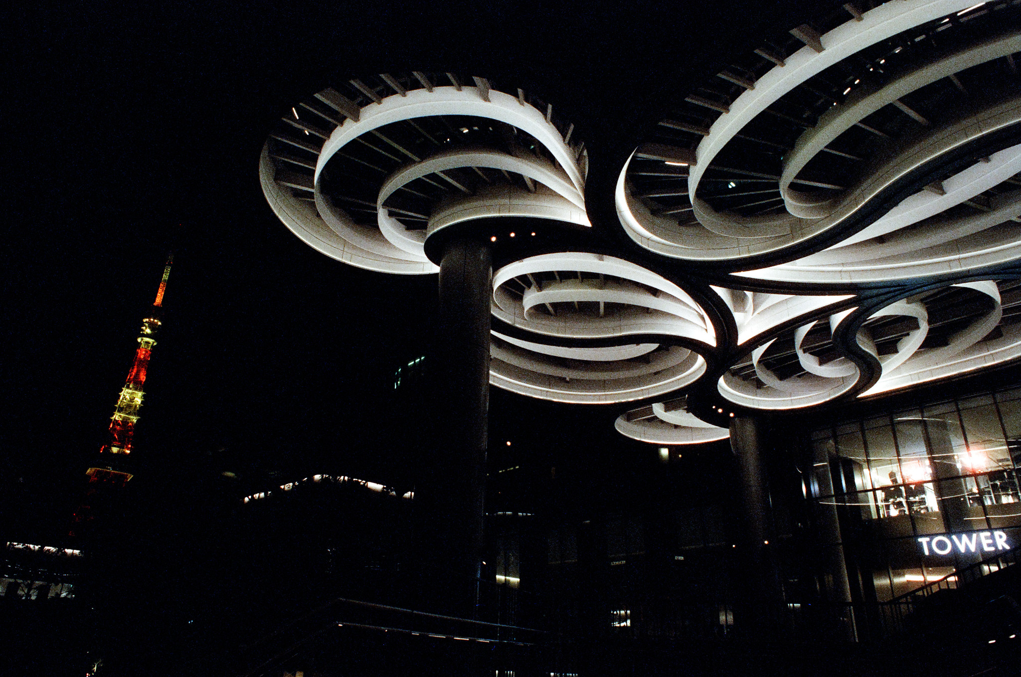 Neo-futurism against evening sky